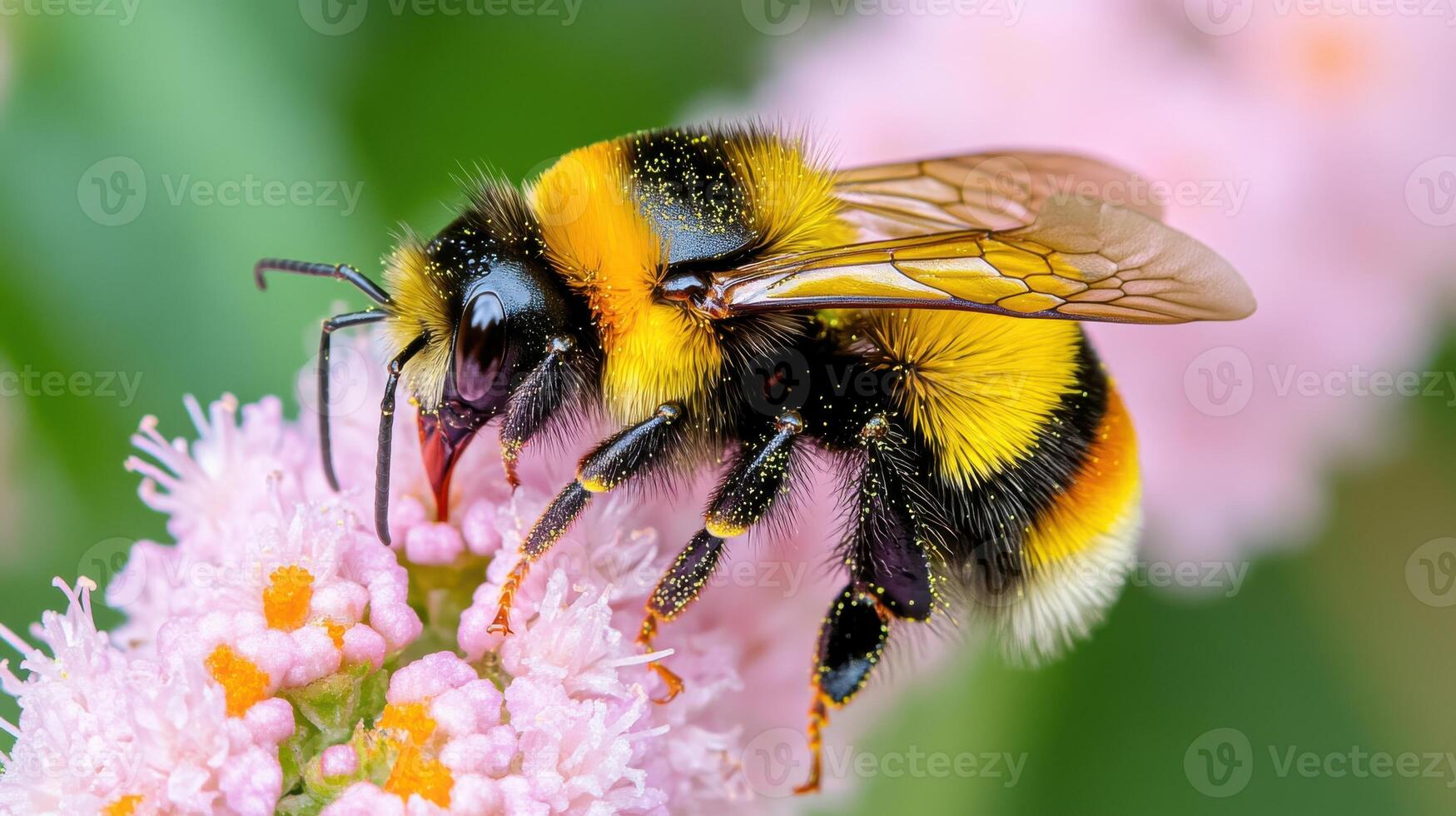 Close-up view of a bee collecting nectar from a vibrant flower in a sunny garden photo