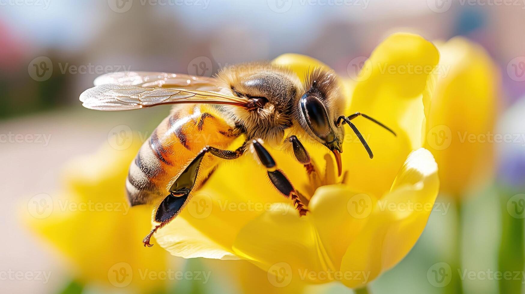 Close-up view of a bee collecting nectar from a bright yellow tulip during springtime photo