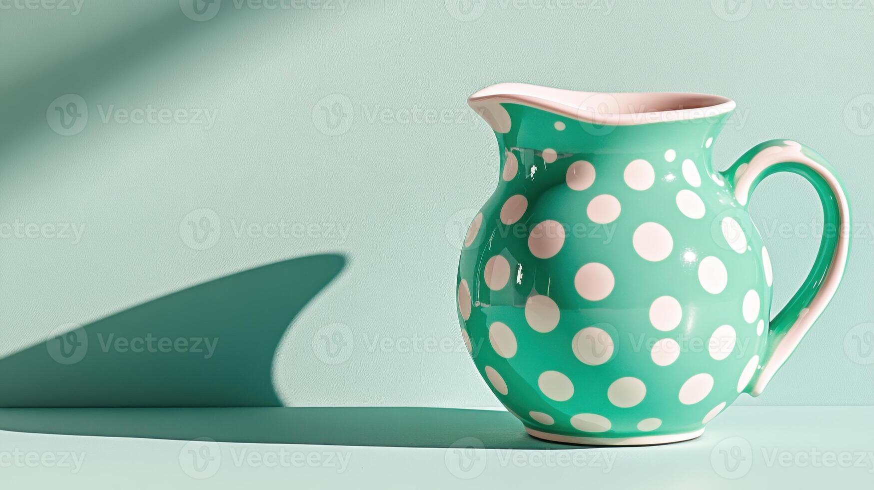 Close-up of a pastel-colored polka dot pitcher in soft light against a mint green backdrop photo
