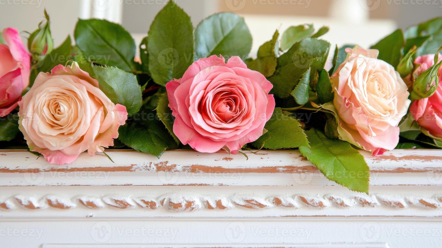 Close-up view of distressed whitewashed wood with a garland of beautiful roses showcasing soft pastel colors and vibrant greens photo