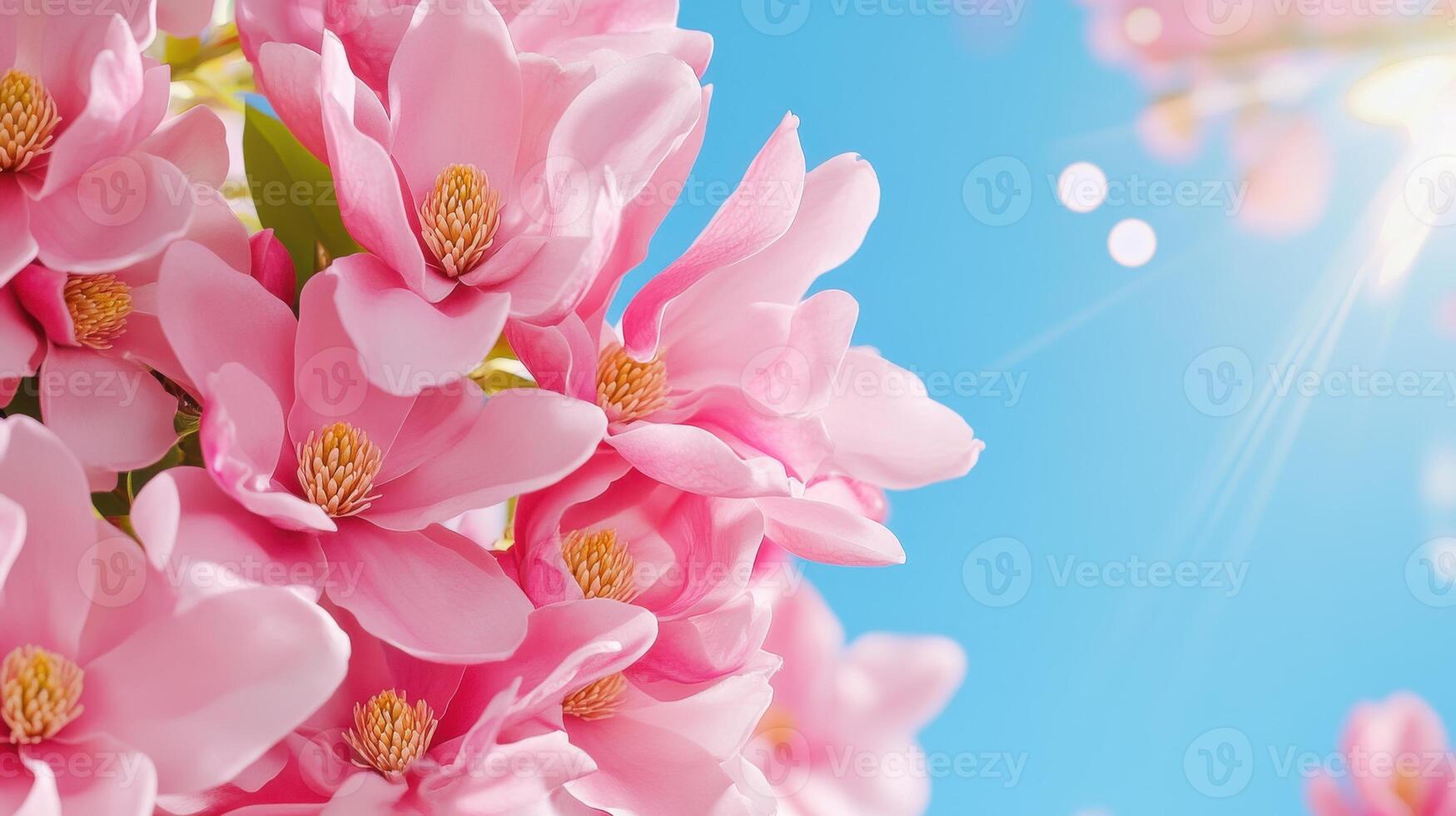 Soft pink magnolia flowers basking under bright sunlight in a serene spring setting photo