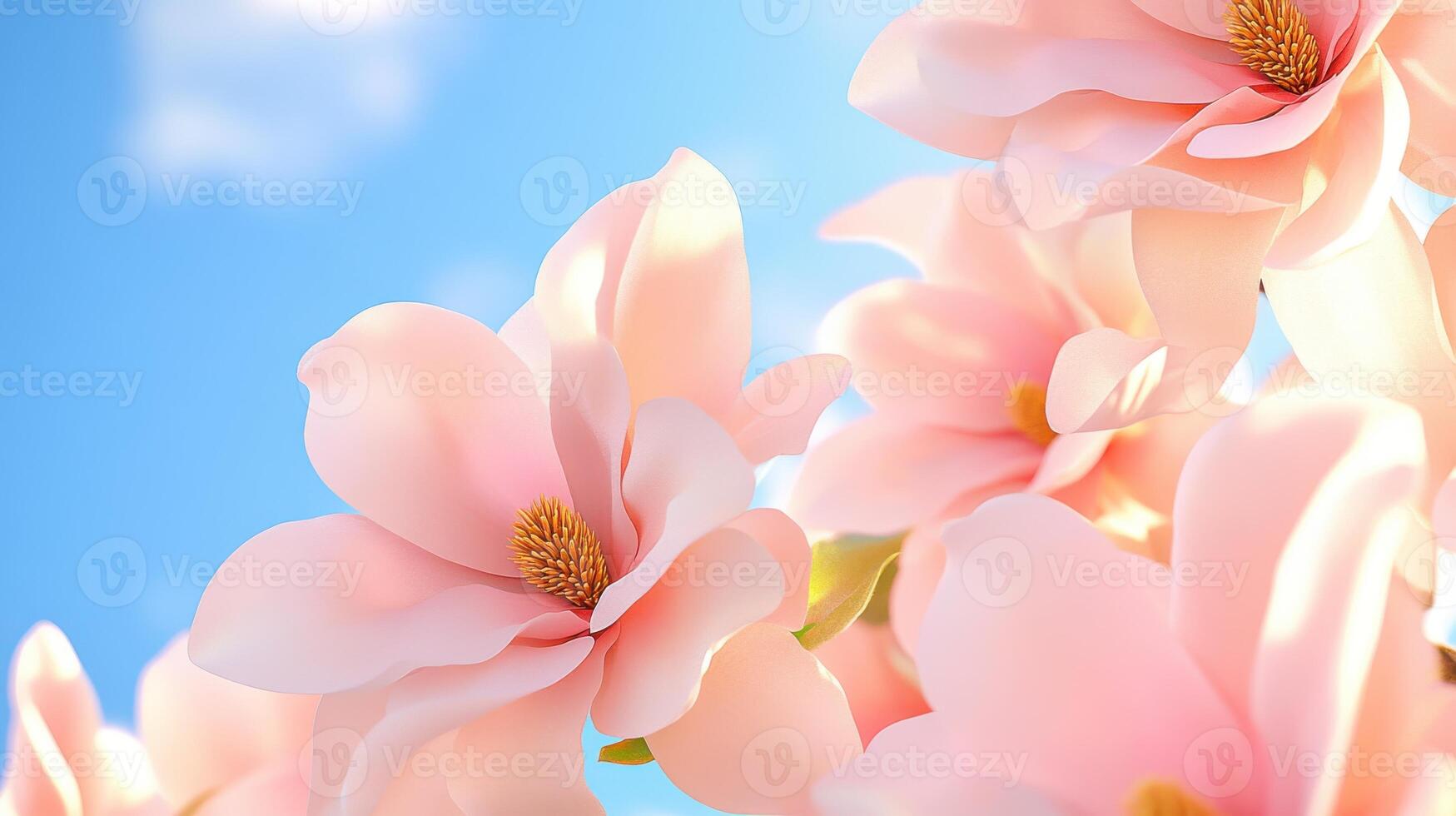 Close-up view of soft-focus pink magnolia flowers blooming under a bright sky in springtime photo