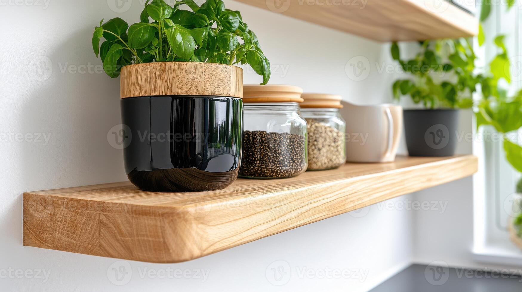Cozy eco-friendly kitchen designed with wooden shelves and greenery for a sustainable living space photo