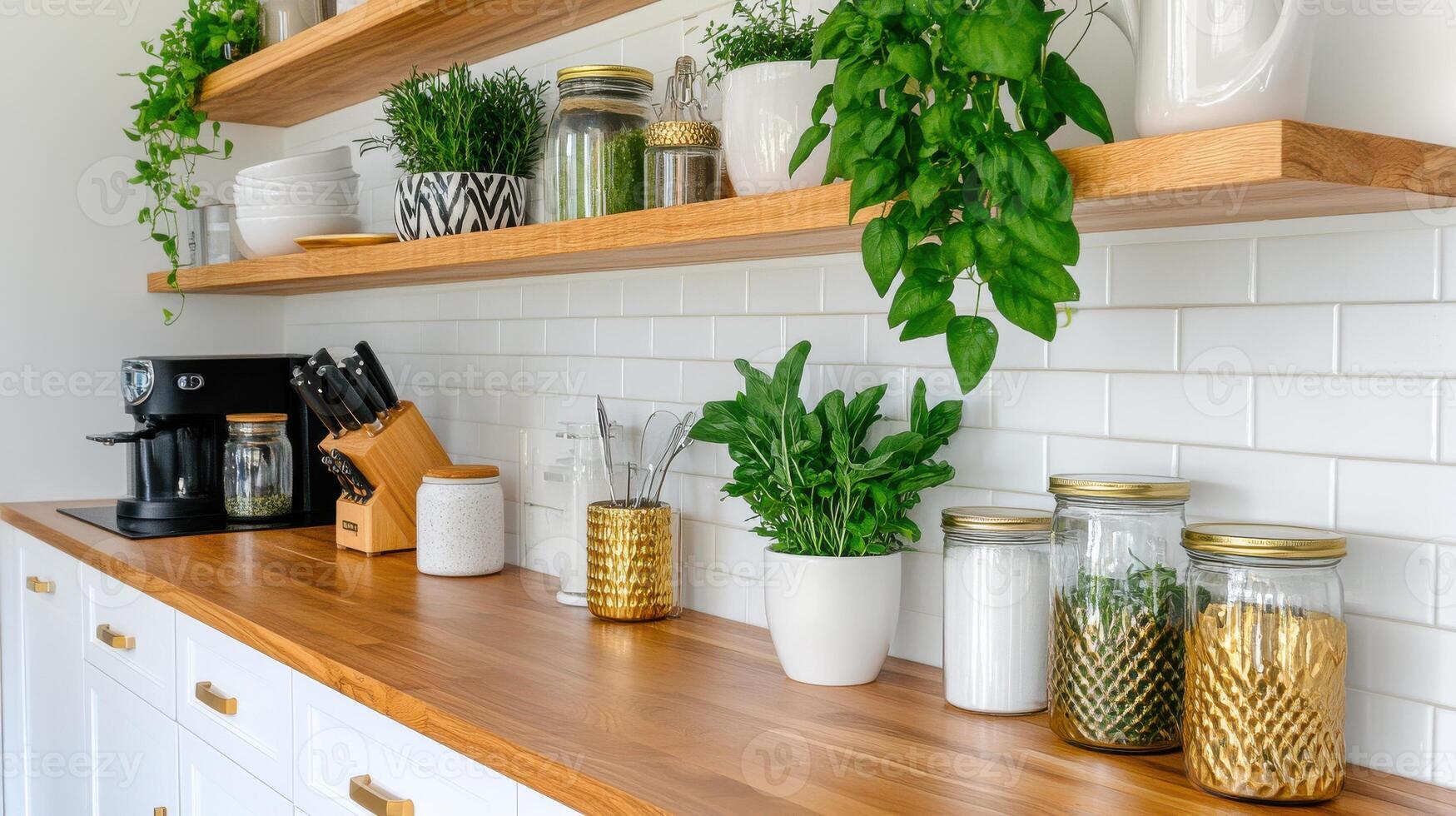 Cozy eco-friendly kitchen showcasing wooden shelves filled with plants and culinary essentials photo