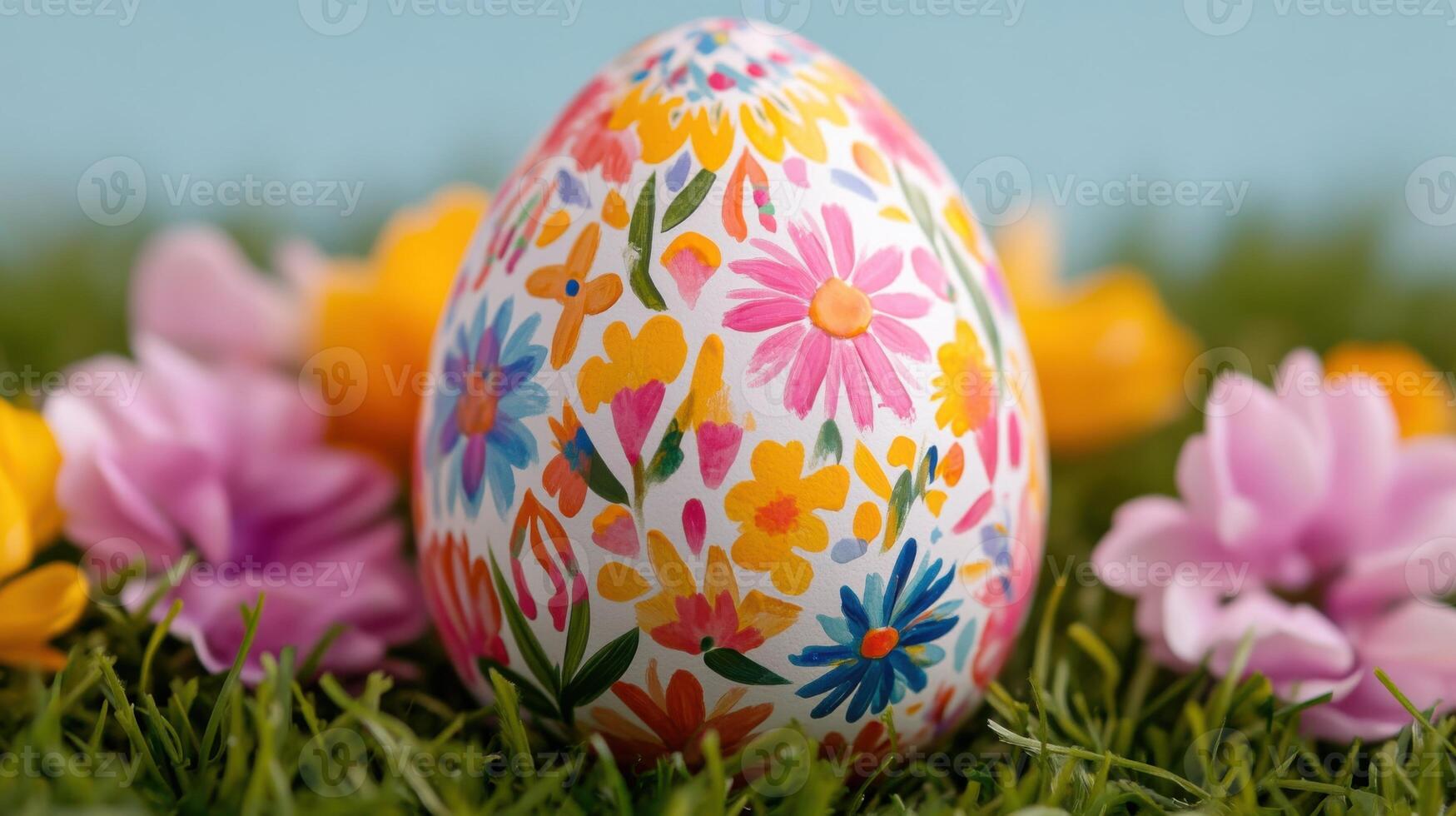 Hand-painted Easter egg resting on vibrant grass surrounded by colorful flowers in springtime bliss photo