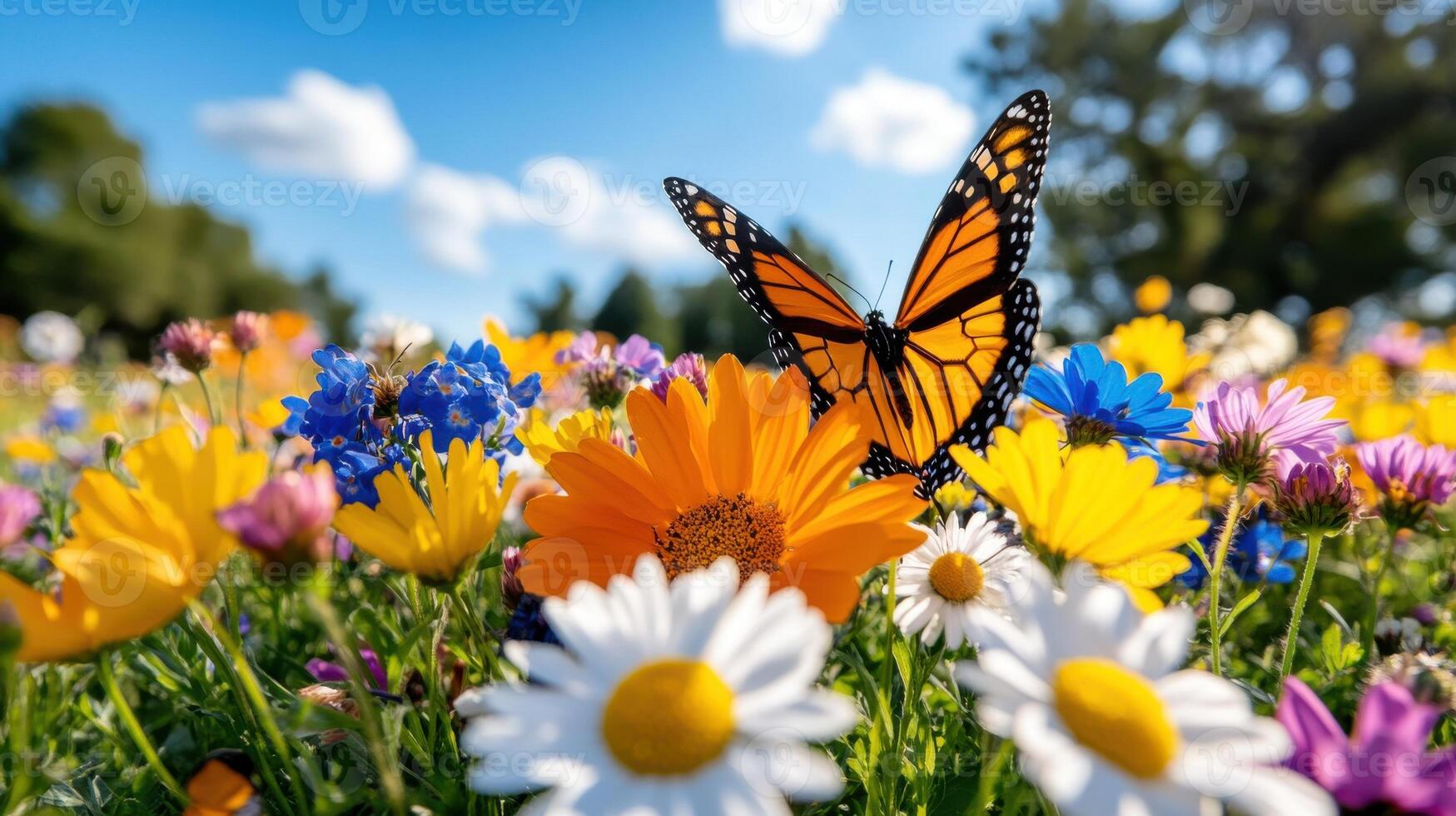 カシニョール 、【BUNCH OF FLOWERS IN MEADOW】 Bright butterfly resting in a colorful meadow filled with