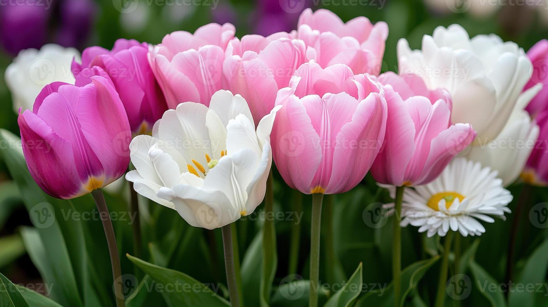 soñador flor silvestre prado muy lleno con pastel tulipanes y margaritas en primavera luz de sol foto