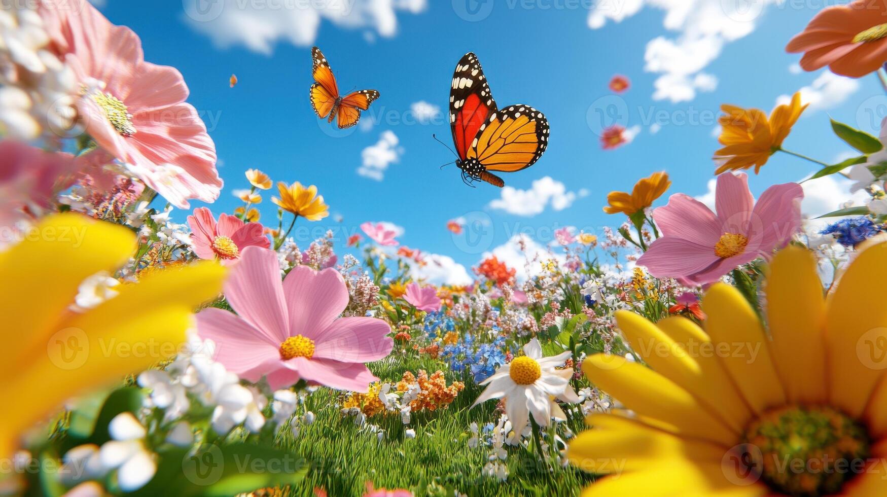 Colorful butterflies dance above a vibrant meadow of flowers during a sunny day in spring photo