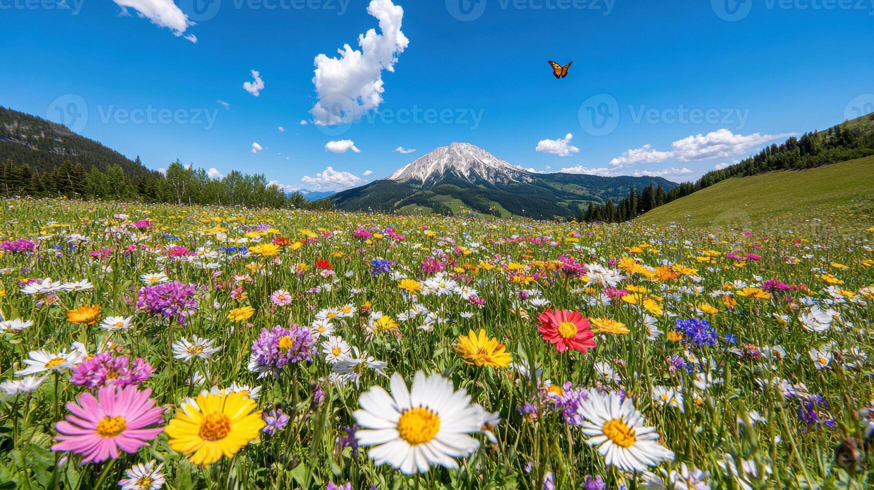 Vibrant meadow filled with colorful wildflowers and a distant mountain under a clear blue sky photo