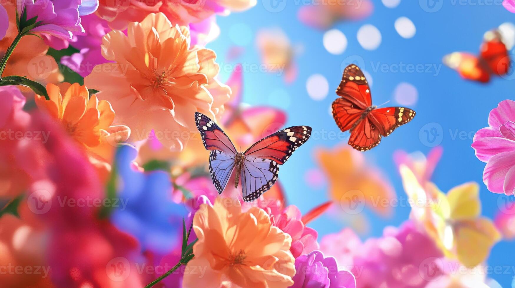 Colorful butterflies landing on vibrant flowers in a sunny garden photo