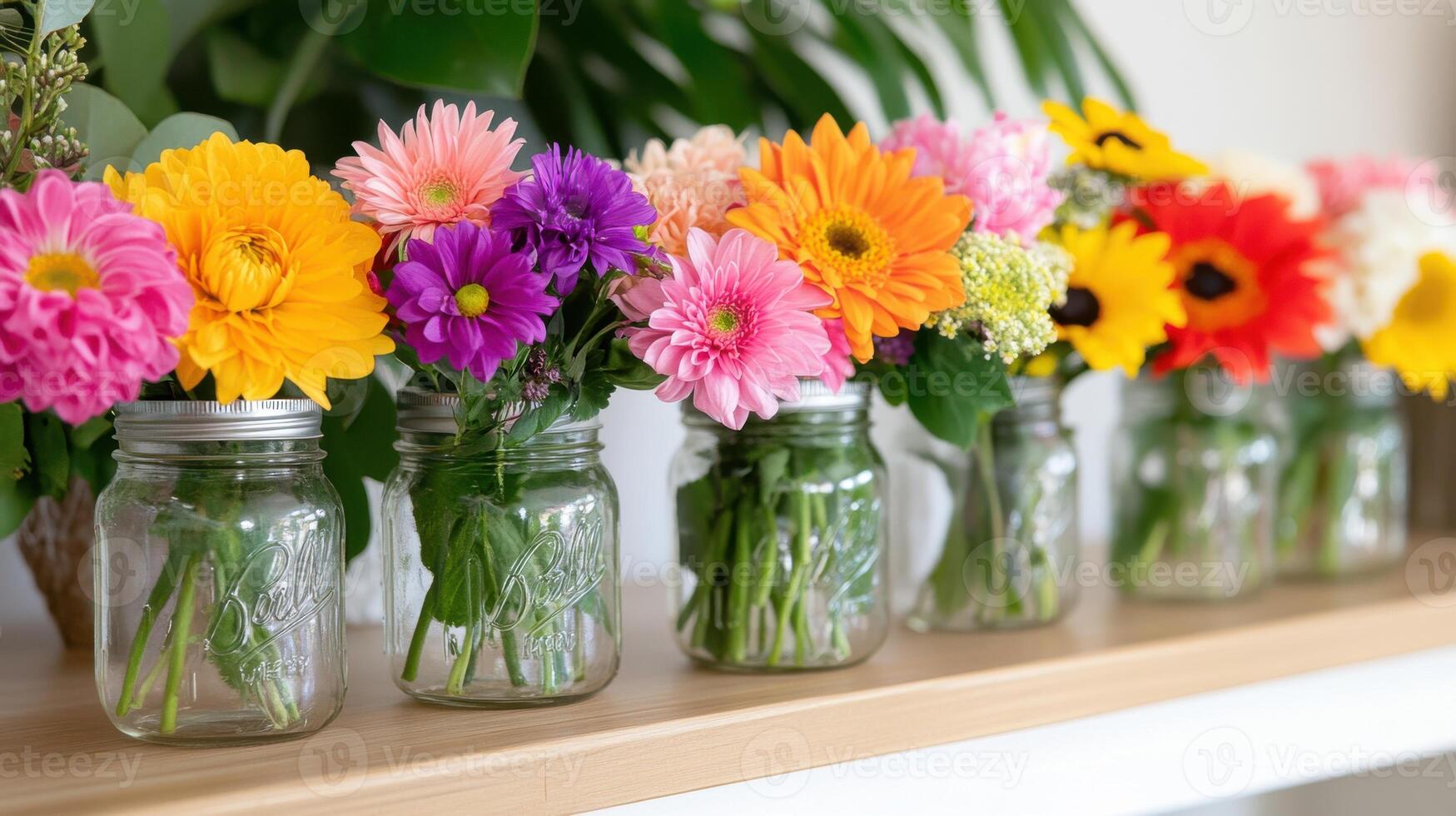 Vibrant wildflowers arranged in mason jars on a bright shelf during a sunny day photo