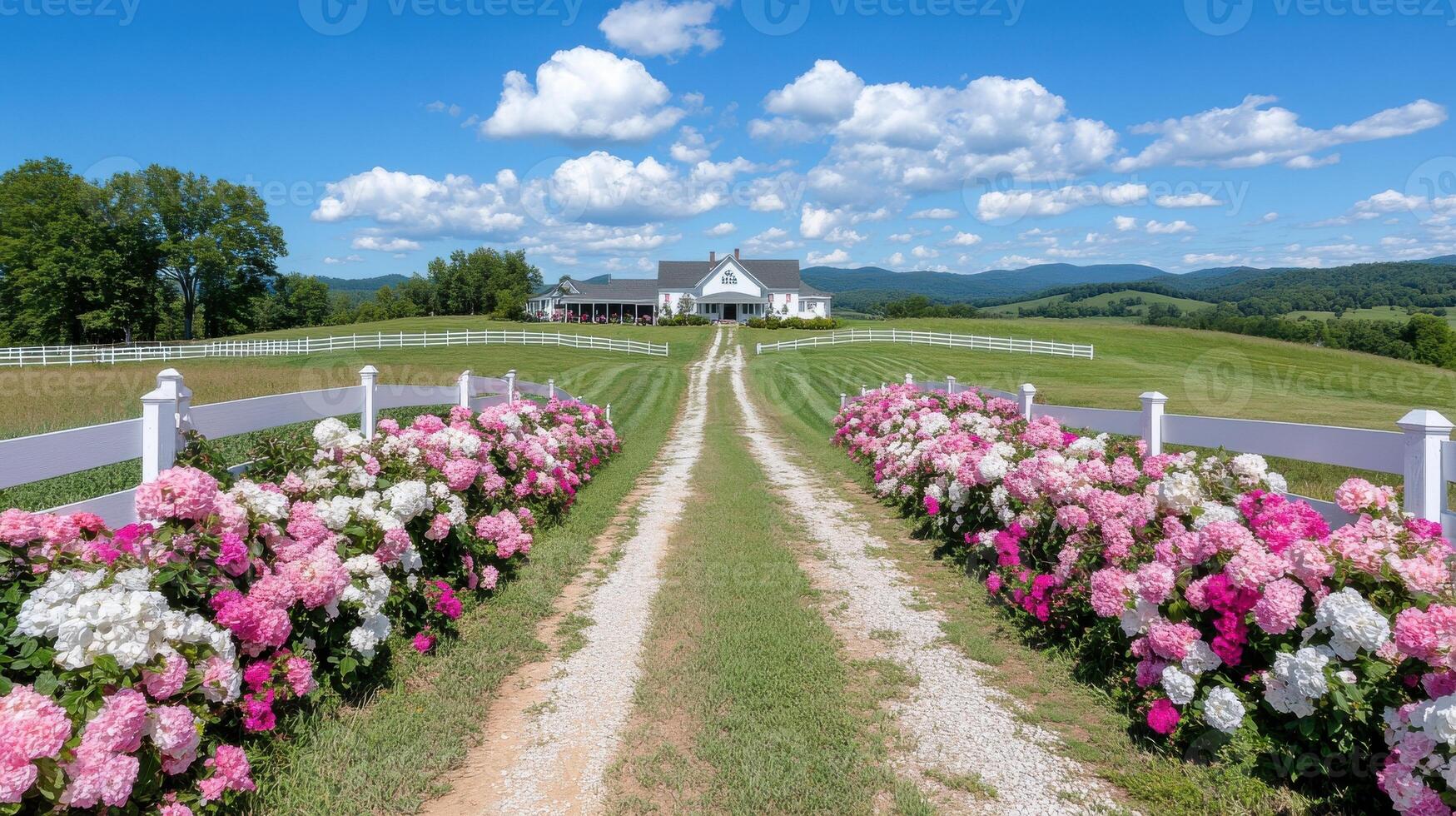 Charming long dirt road flanked by vibrant flowers leads to a picturesque country home in the mountains photo
