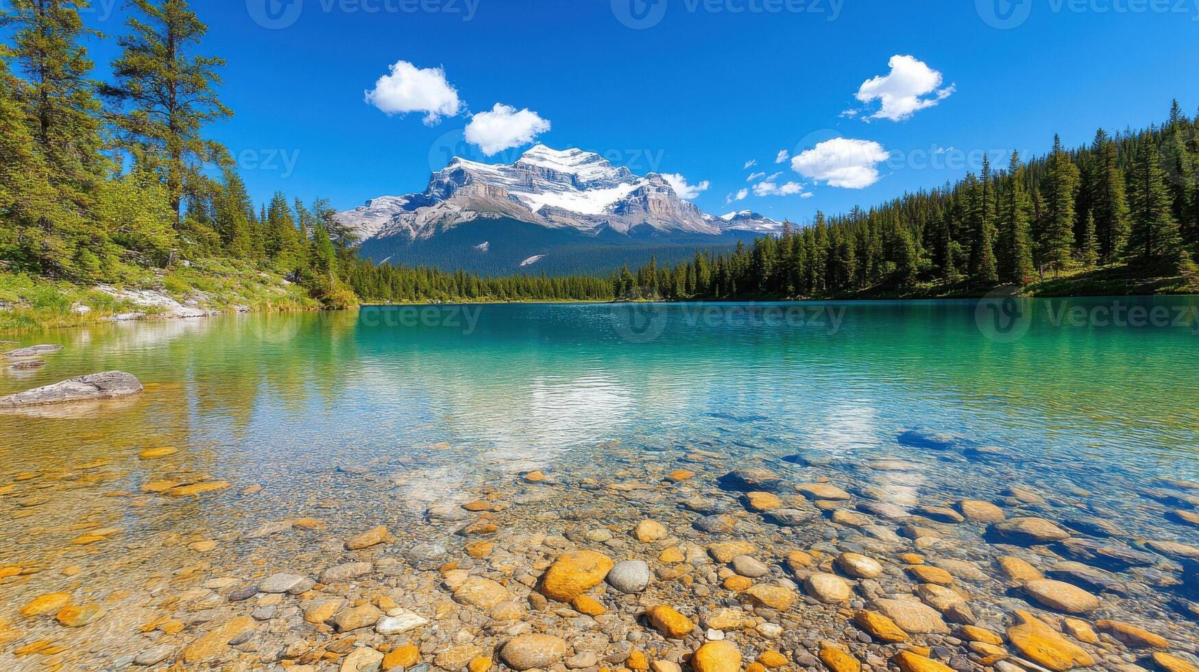 Mountain landscape with crystal-clear lake reflecting blue sky and lush greenery in a serene setting during daytime photo