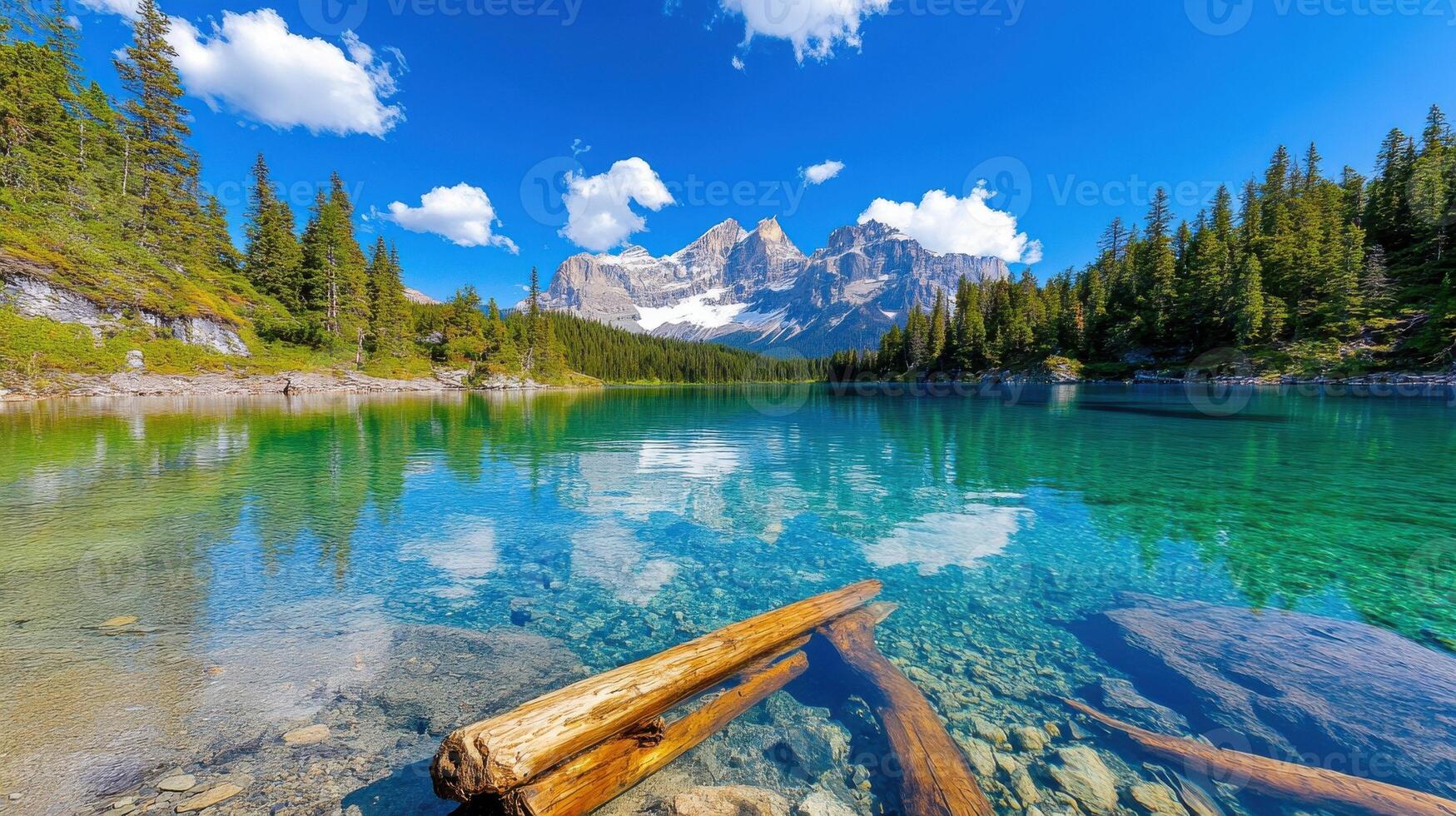 Mountain landscape with a crystal-clear lake reflecting the sky and surrounding forest in summer photo