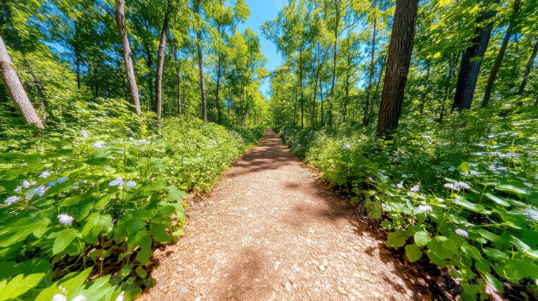 Serene forest path glowing under gentle sunlight, inviting tranquil exploration through vibrant greenery photo