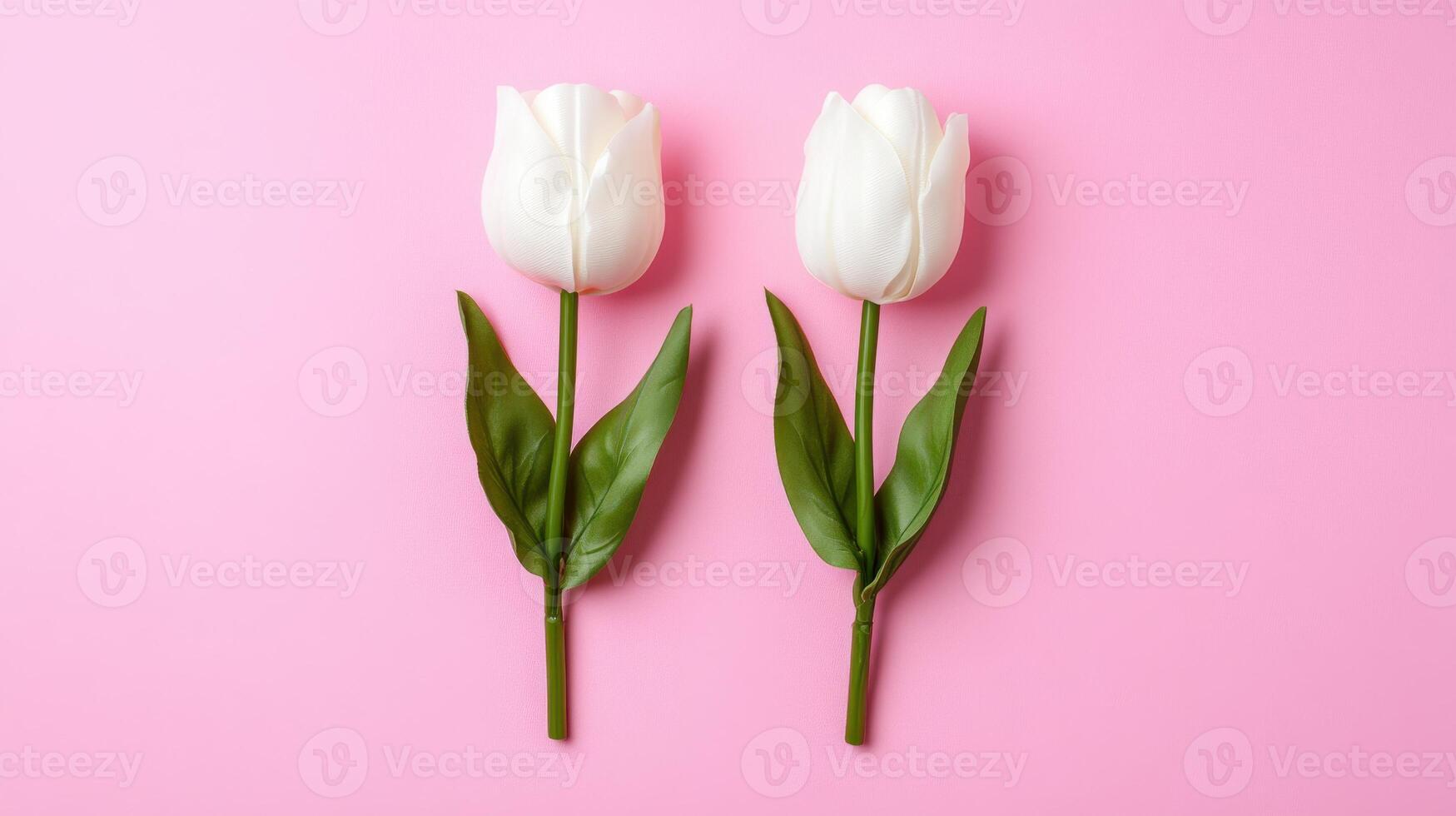 Pair of white tulips arranged in a straight line on a vibrant pink background for a fresh and elegant look photo
