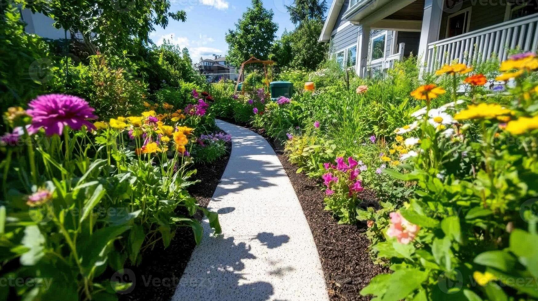 Beautiful peaceful garden featuring a vibrant array of plants and flowers alongside a charming pathway on a sunny day photo