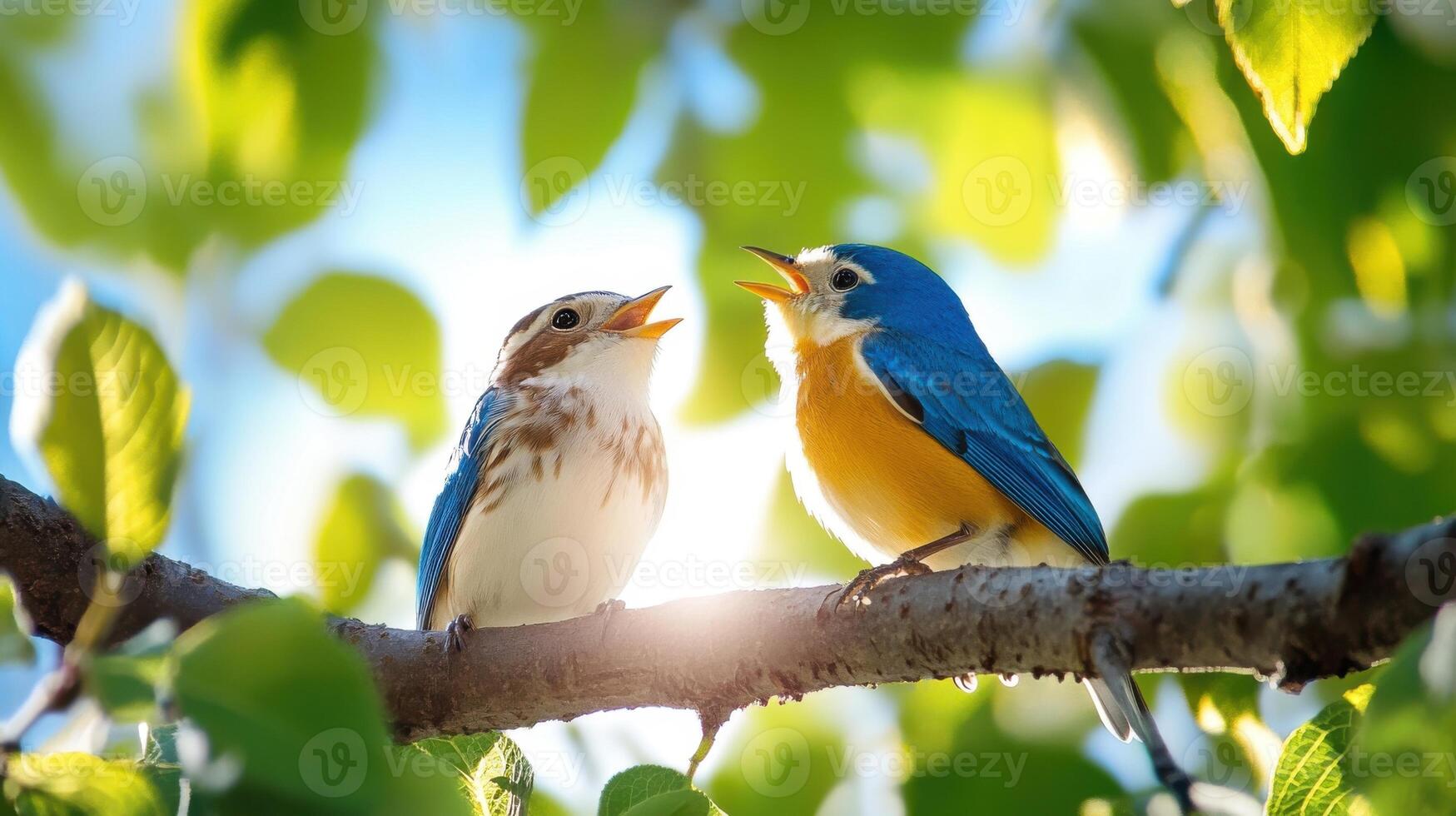 Charming pair of birds perched on a tree branch singing joyfully in the warm light of a sunny afternoon photo