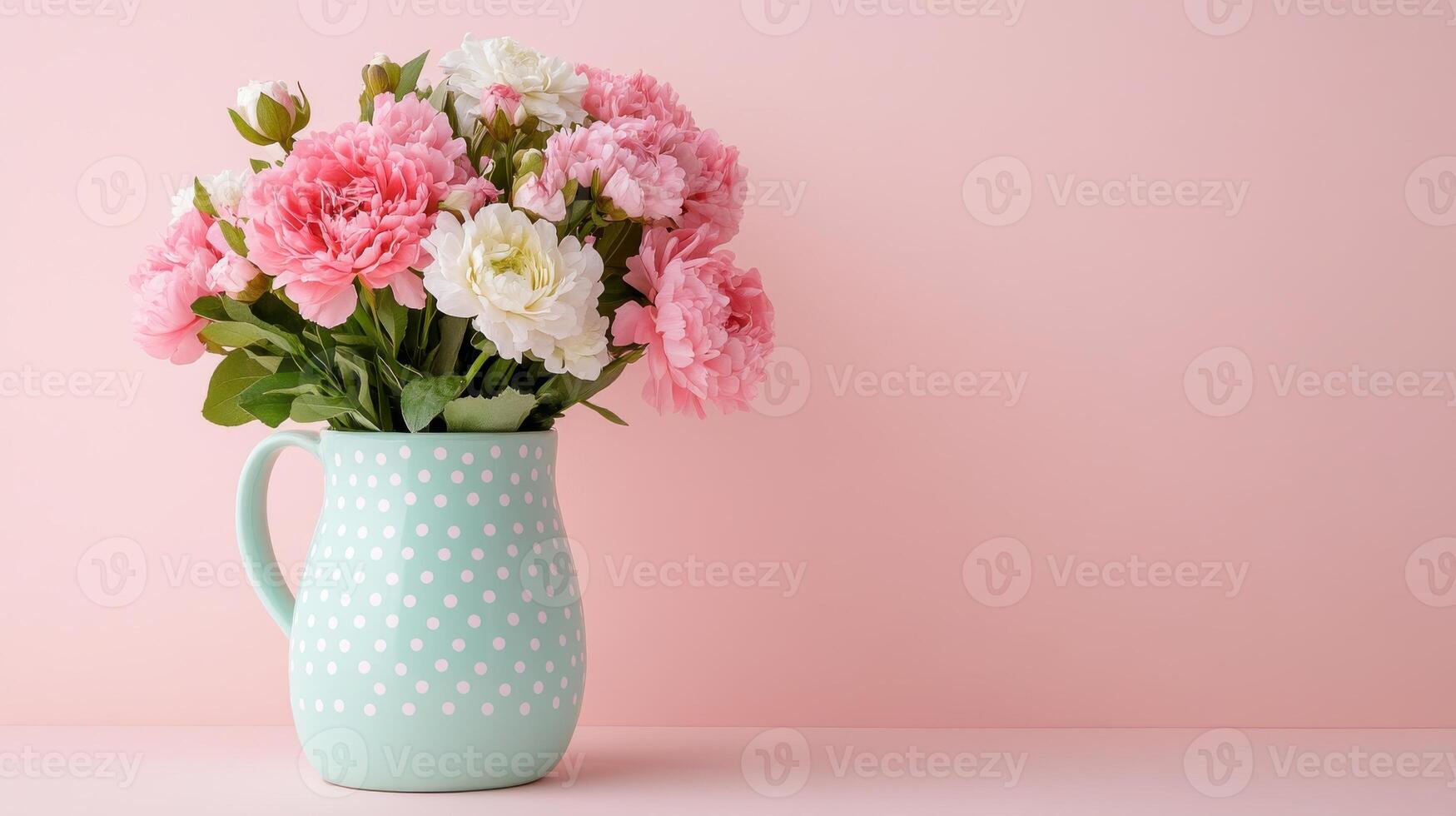 Delicate spring flowers arranged in a pastel polka dot pitcher against a soft pink background photo