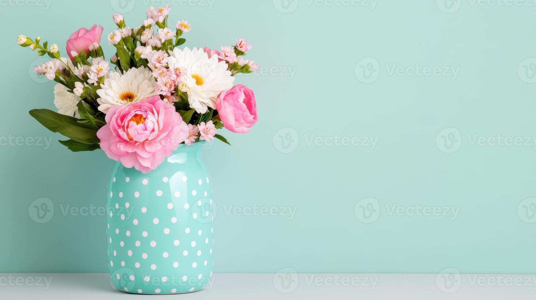 Beautiful pastel polka dot pitcher filled with delicate spring flowers against a soft blue background photo