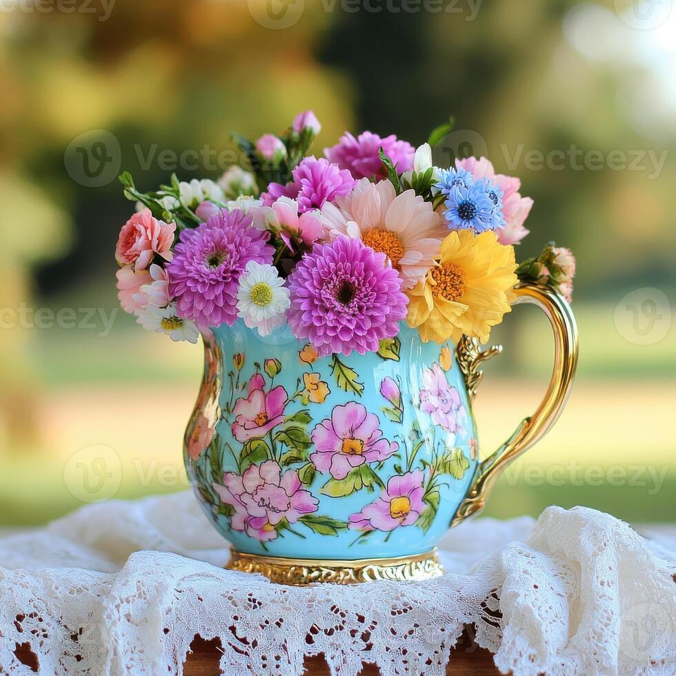 Pastel green enamel pitcher with pattern overflowing with vibrant flowers in a sunny garden setting photo