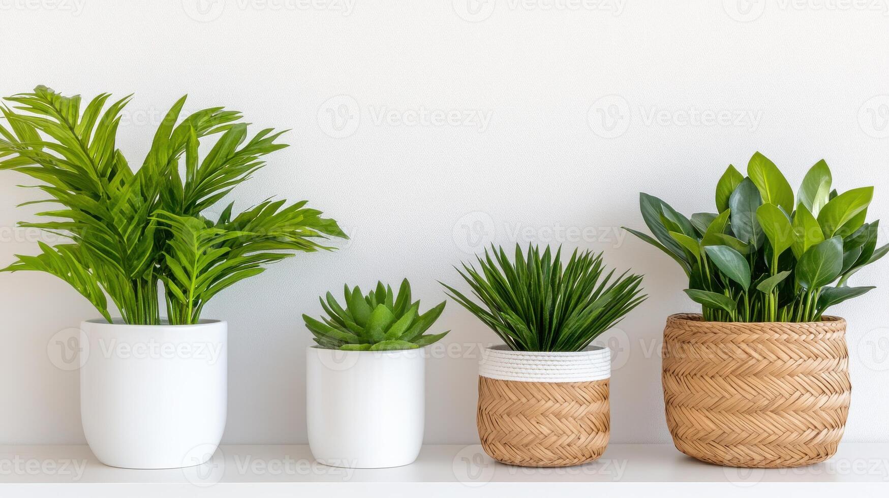 Minimalistic Earth Day celebration with indoor plants and natural decor on a white shelf photo