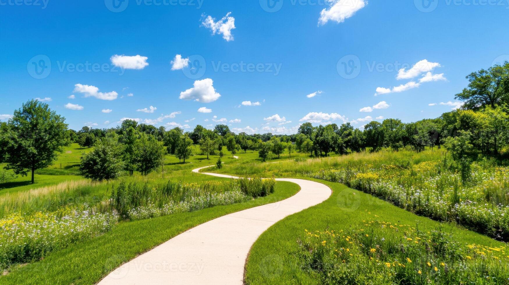 Winding trail through a rewilded city park adorned with vibrant greenery and wildflowers under a clear blue sky photo