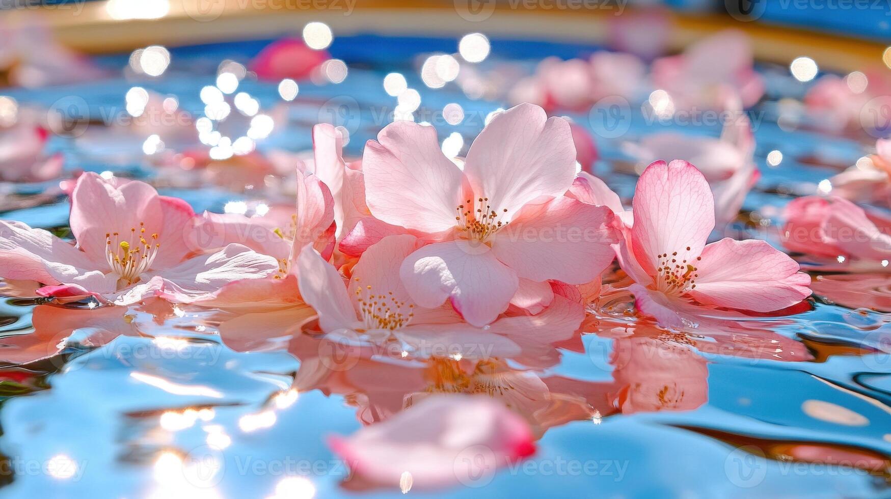 Cherry blossoms float peacefully on water in a romantic springtime setting surrounded by nature's beauty photo
