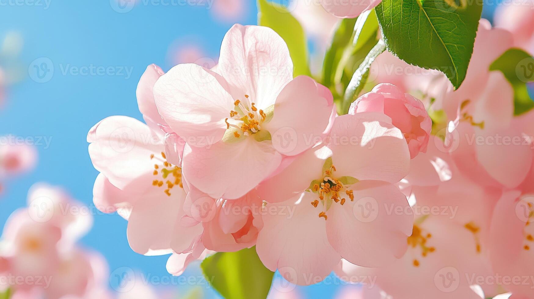 Beautiful pale pink spring flowers bloom against a clear blue sky in a tranquil setting photo