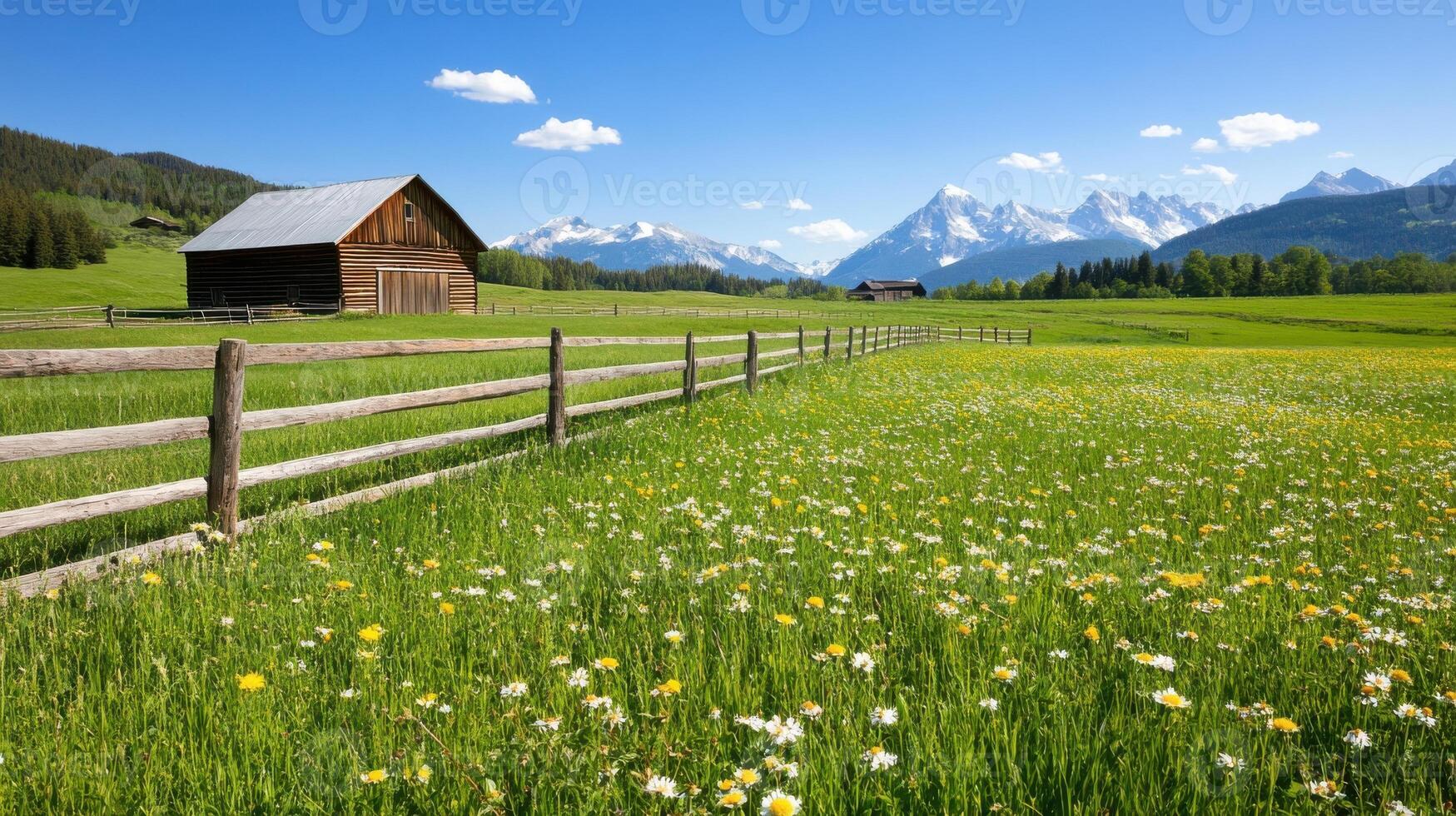Rustic barn surrounded by vibrant flowers and mountains on a sunny day in the countryside photo