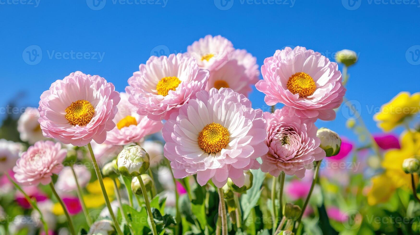 pálido rosado primavera flores floreciente debajo un claro azul cielo en un vibrante jardín foto