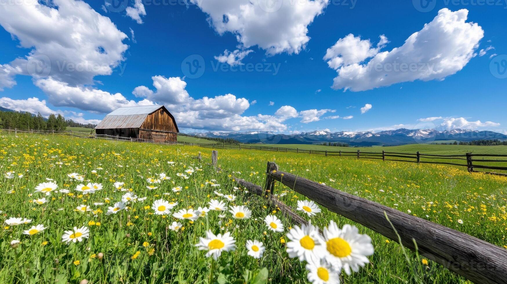 Rustic barn surrounded by sprawling meadows and wildflowers under a clear blue sky with mountains in the background photo