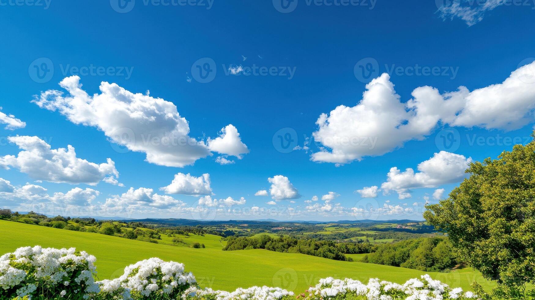 Scenic view of rolling hills and clusters of flowers under a vibrant blue sky with fluffy clouds photo