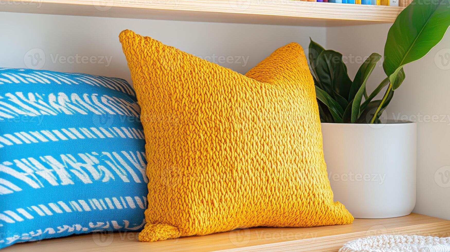 Cozy reading nook with wooden bookshelf, colorful pillows, and a touch of greenery enhancing the tranquil atmosphere photo