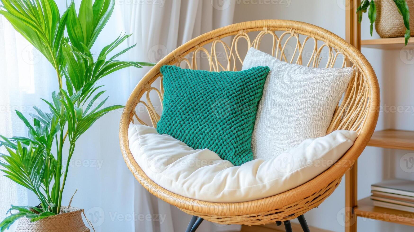 Cozy reading nook with wooden bookshelf and natural decor ideal for relaxing afternoons photo