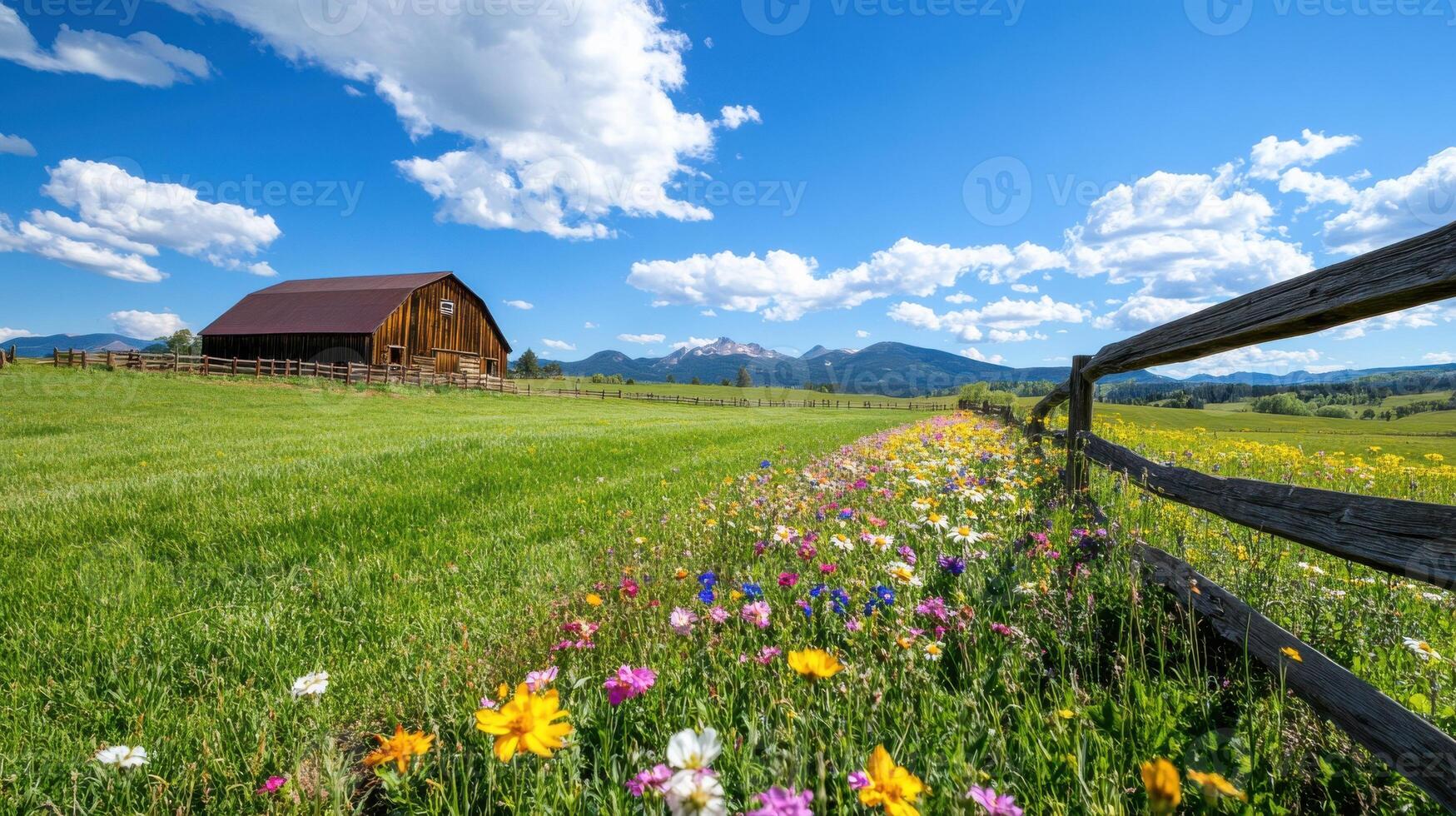 Rustic barn surrounded by vibrant wildflowers and green fields under a bright blue sky with mountains in the background photo