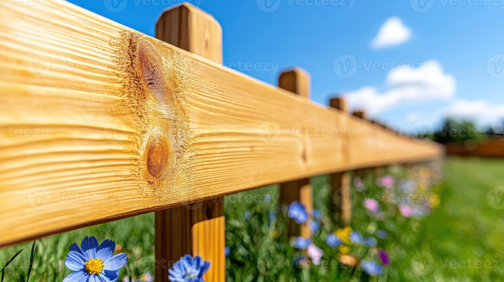 Rustic wooden fence along a picturesque countryside path adorned with wildflowers under a clear blue sky photo