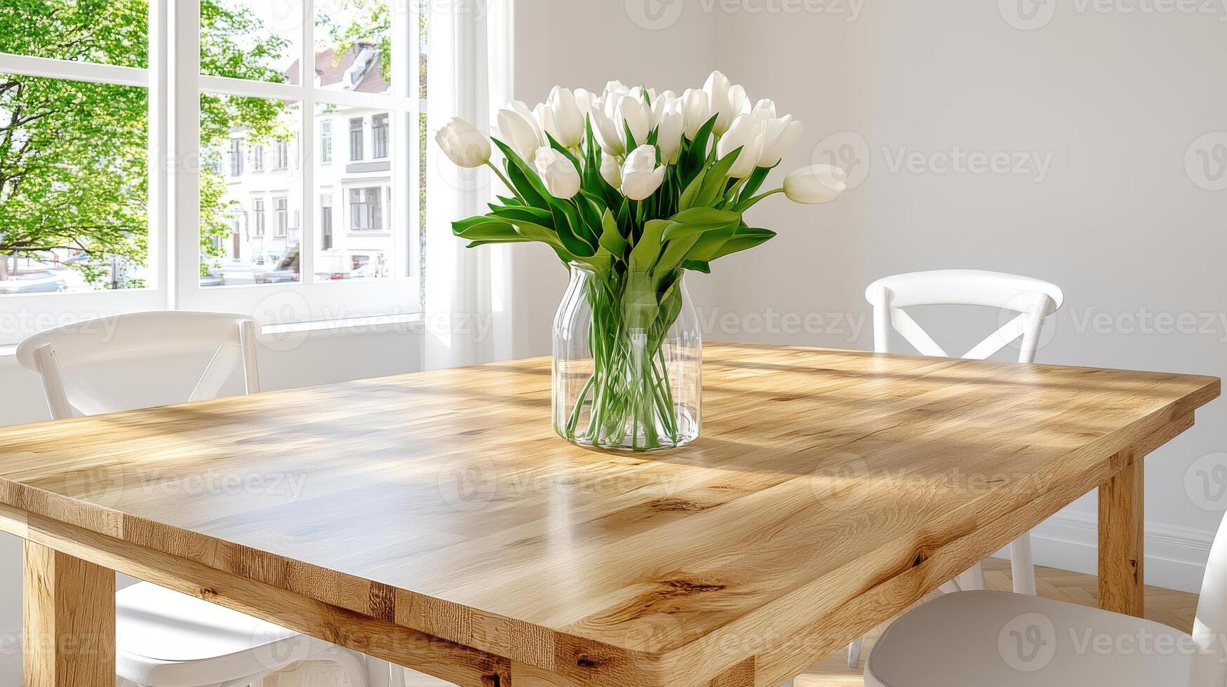 Serene dining space with a wooden table and fresh tulips in a bright airy room overlooking greenery photo