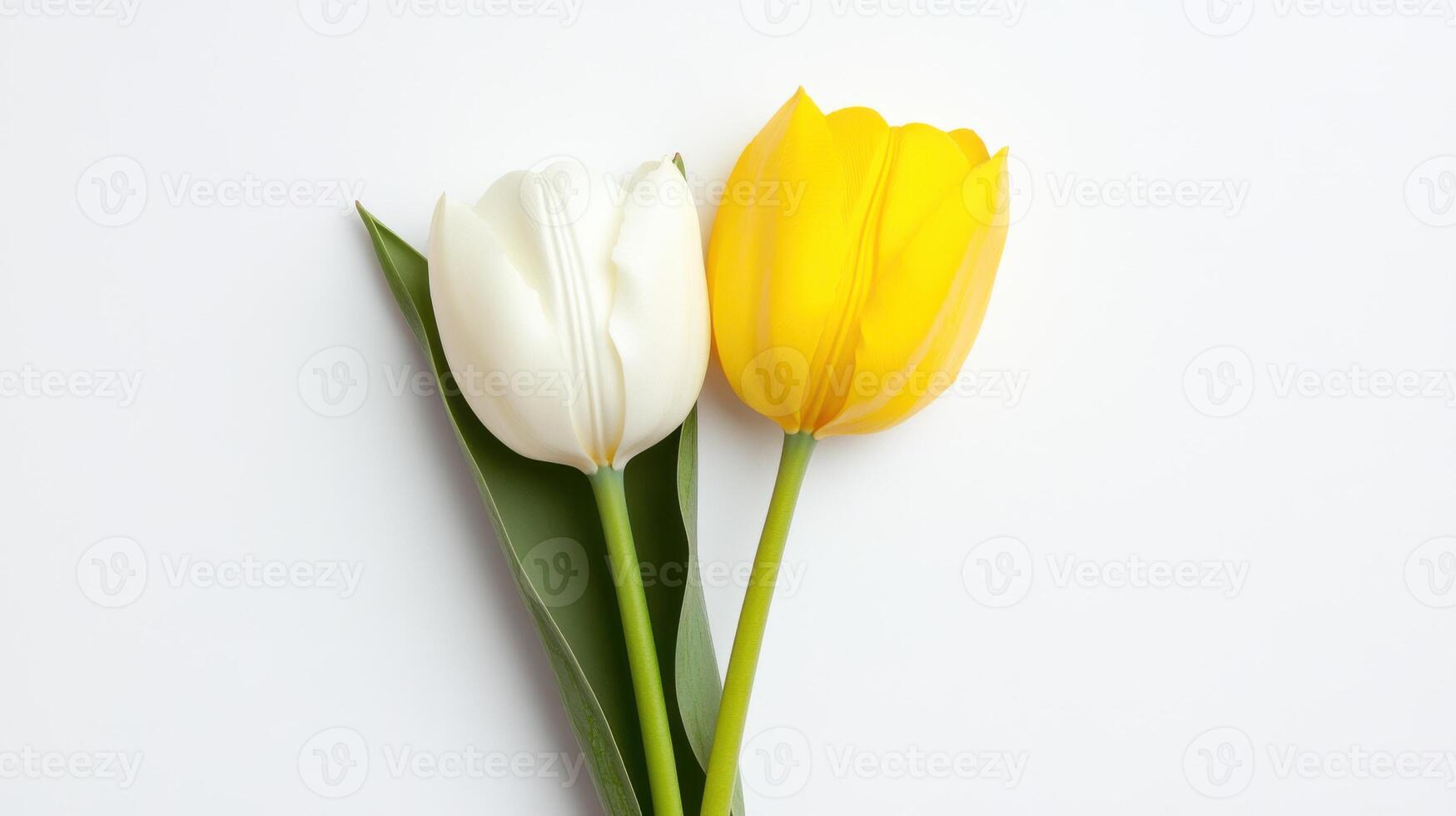 Two contrasting tulips arranged in a flat lay showing vibrant yellow and pure white colors on a simple backdrop photo