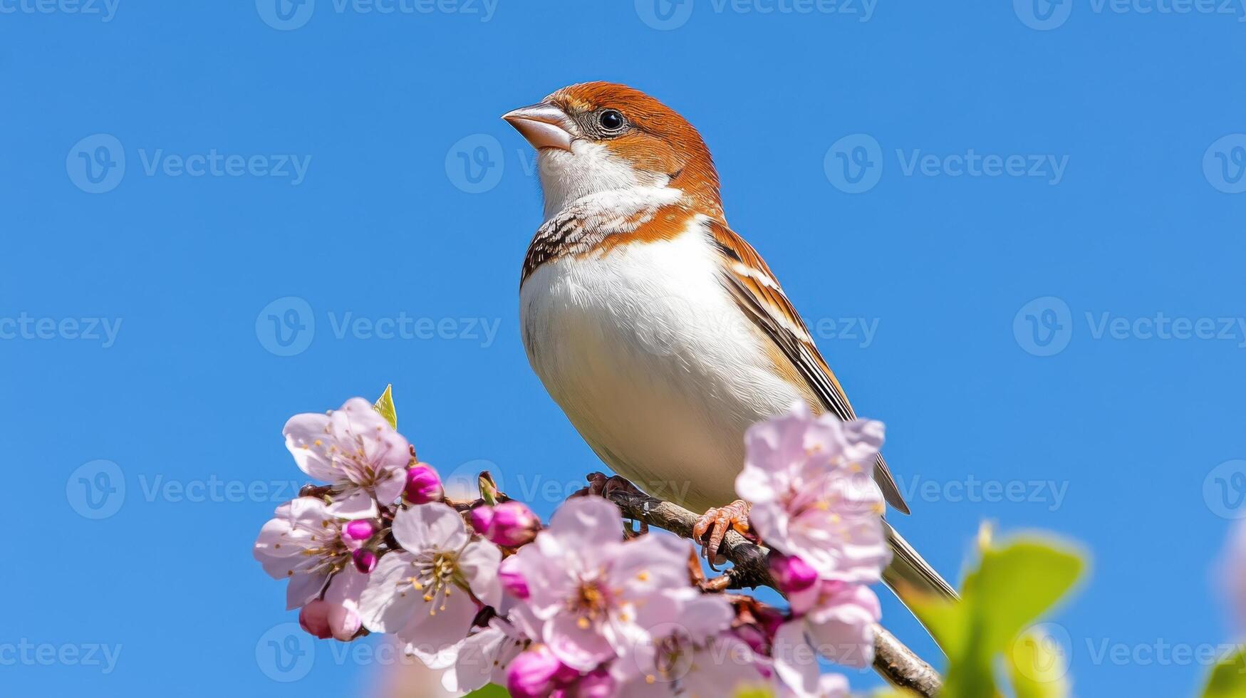 pájaro canto en un alto rama entre floreciente flores en claro azul cielo foto