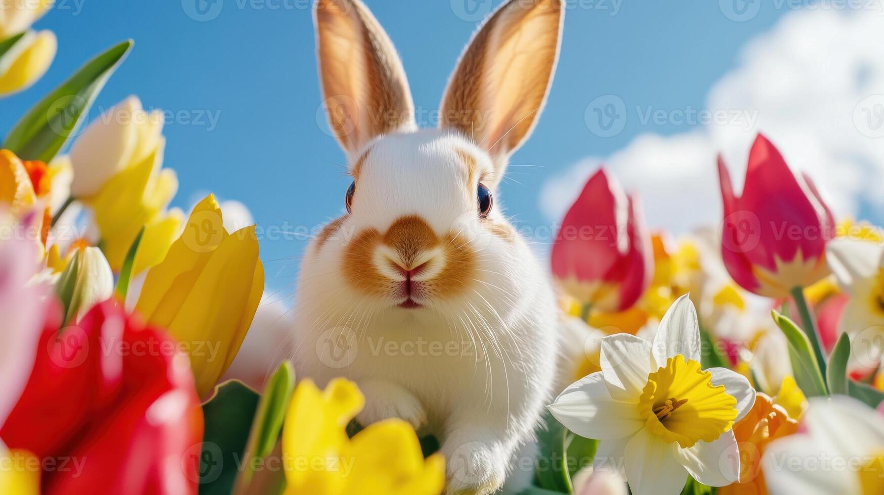 Colorful Easter bunnies hopping joyfully through a vibrant field of blooming tulips and daffodils on a sunny spring day photo
