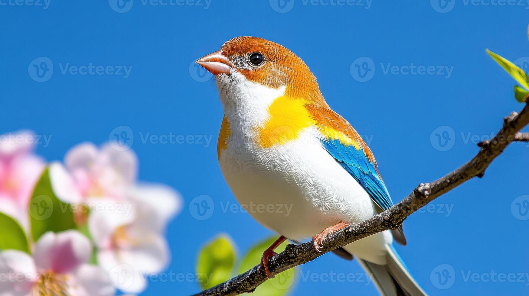 Brightly colored bird singing on a high branch among spring blooms under a clear blue sky photo