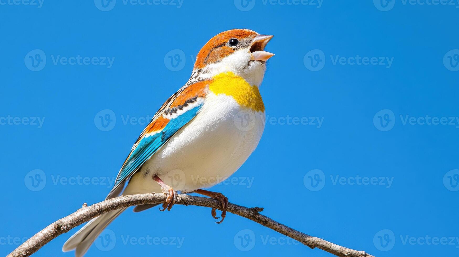 Brightly colored bird singing joyfully on a high branch against a clear blue sky photo