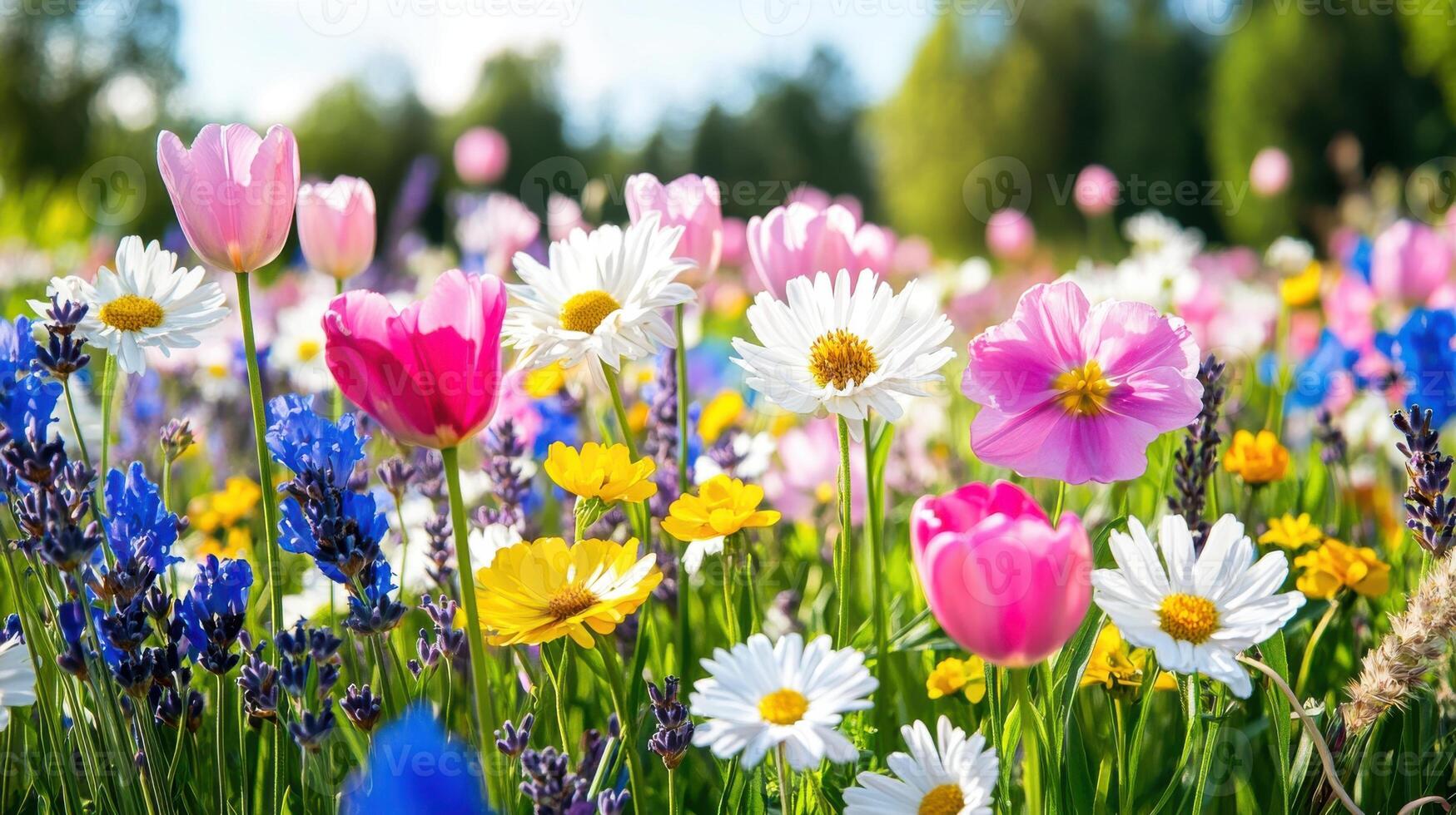 Soft-focus wildflower field under a pastel sky with blooming flowers in various colors photo