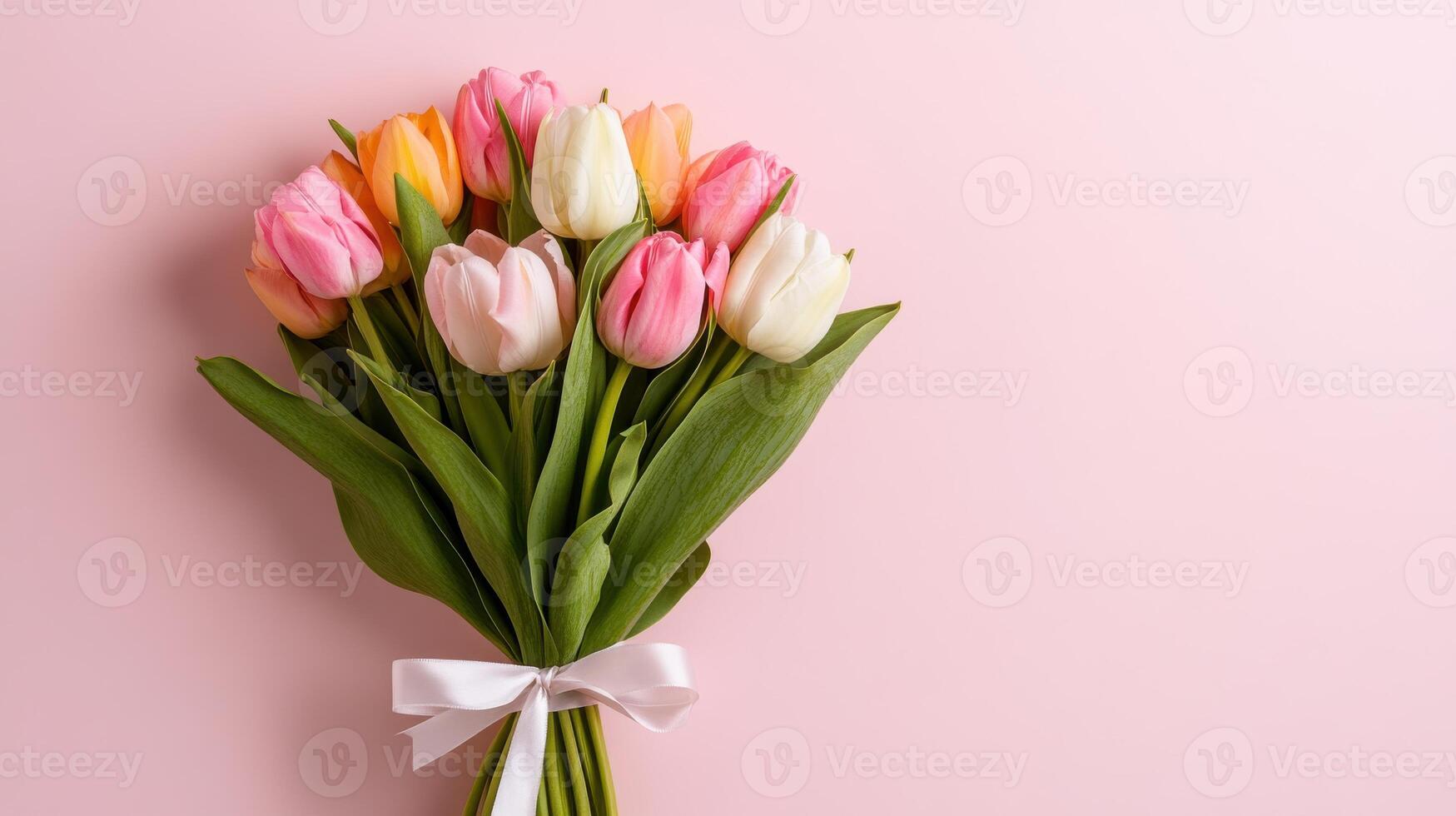 Elegant bundle of tulips tied with satin ribbon against a soft pink background photo