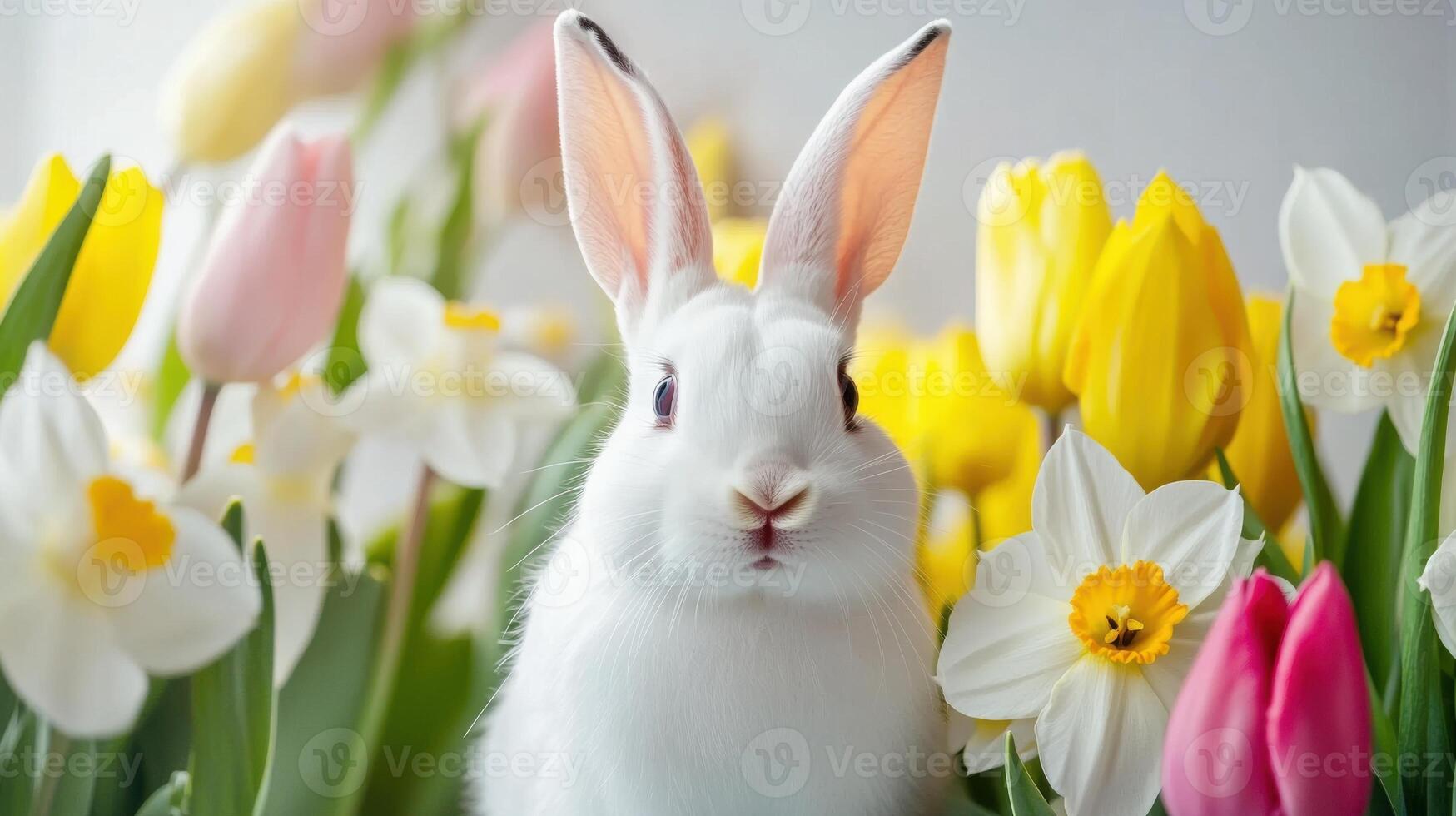 Easter bunnies hopping among colorful tulips and daffodils in a spring garden photo
