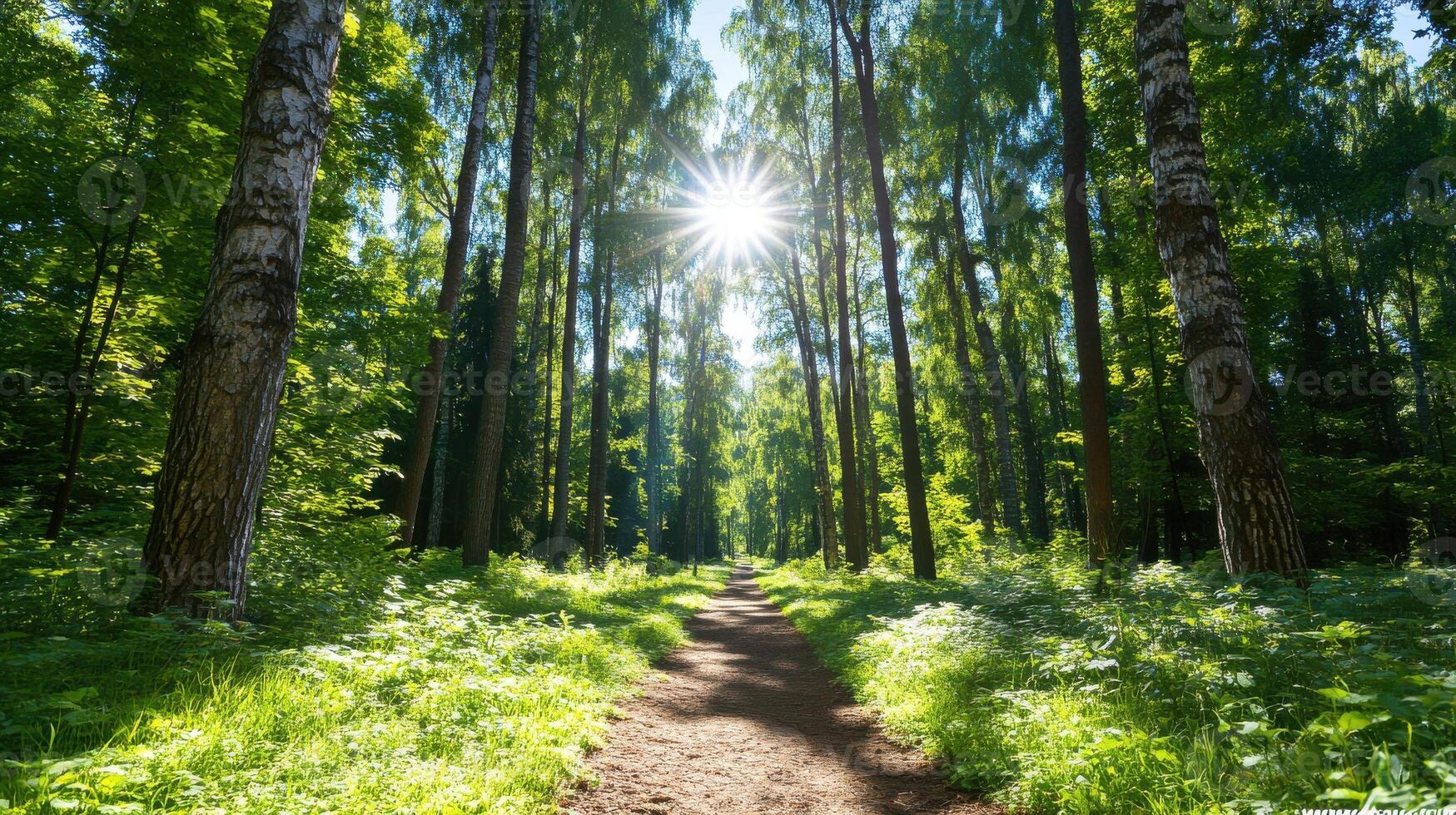 Serene sunlit forest path with dappled light creating a peaceful atmosphere for walking and reflection photo