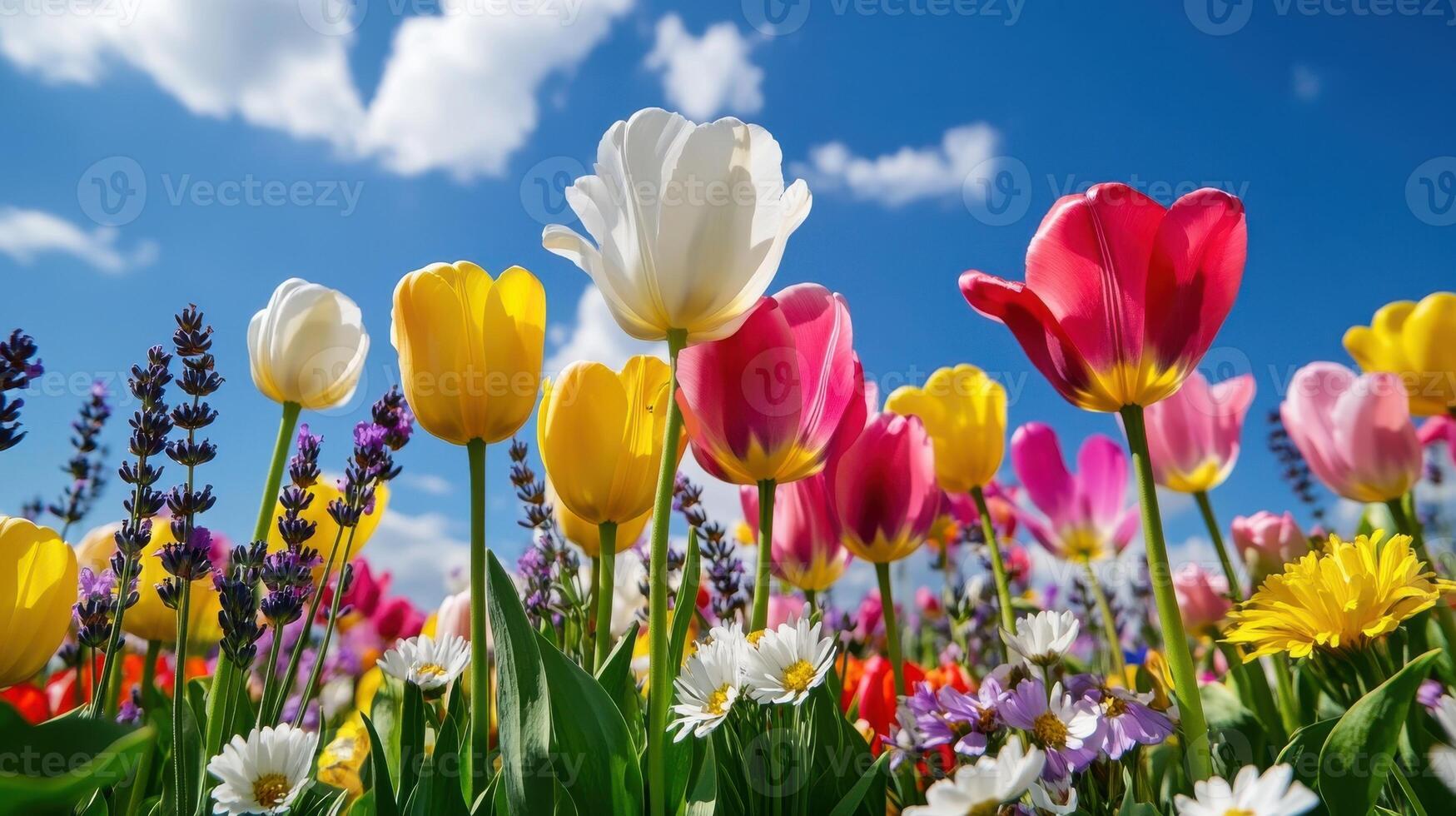Serene wildflower meadow bursting with pastel-colored blooms under a bright blue sky on a sunny day photo
