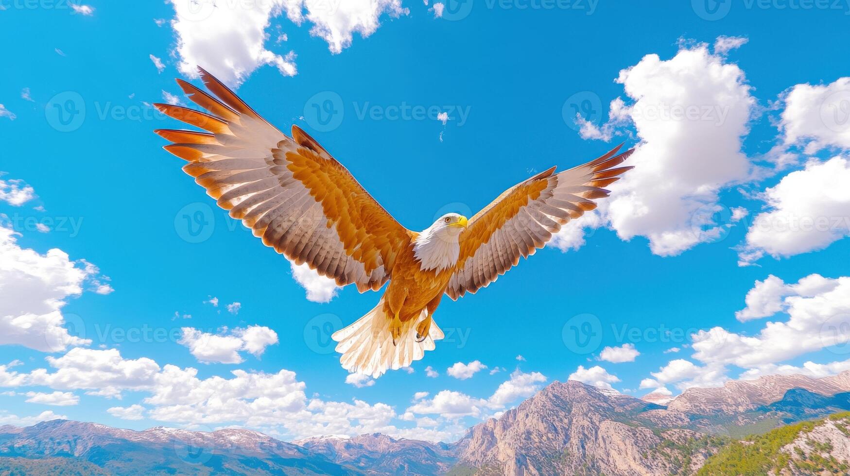 Soaring eagle gliding over a vast mountain range under a bright sky filled with clouds photo