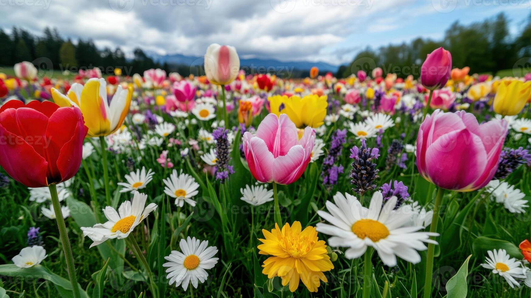 Serene wildflower meadow adorned with pastel-colored blooms under a cloudy sky in springtime photo
